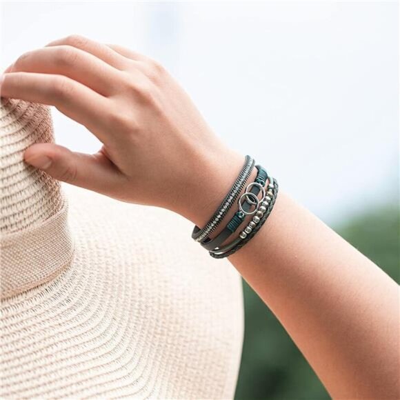 Boho Wrap Bracelets Leather Cuff Bangle Gold Beaded Bracelets Stackable - Picture 5 of 7